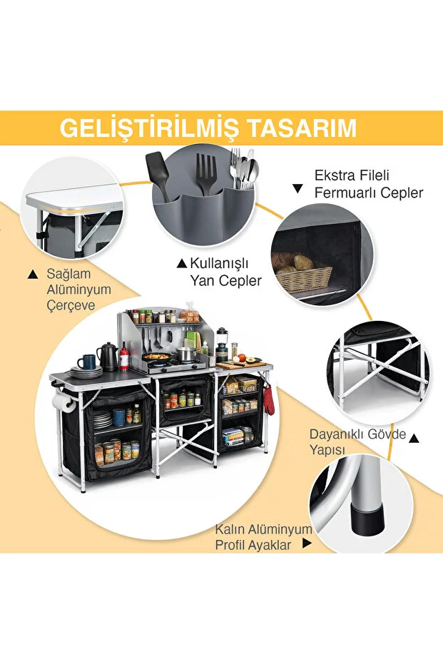 Kamp Mutfağı, Katlanır Alüminyum Kamp Yemek Pişirme Tezgahı (3 Dolaplı -Hareli Ceviz Desenli) Kamp Mutfağı, Katlanır Alüminyum Kamp Yemek Pişirme Tezgahı (3 Dolaplı -Hareli Ceviz Desenli)